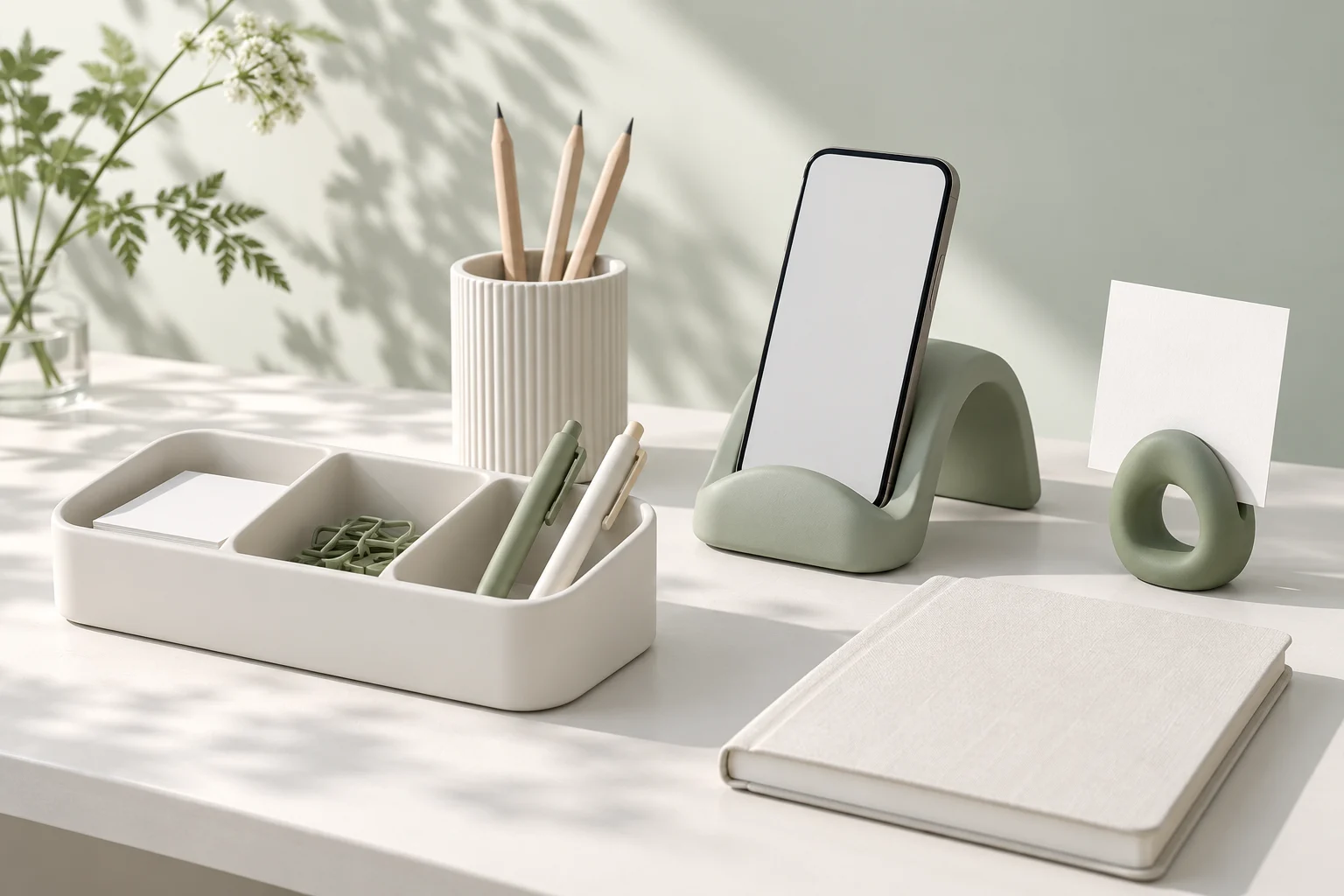 Nooki concept desk scene with a compartment tray, pen cup, sage phone stand, and note holder in soft daylight